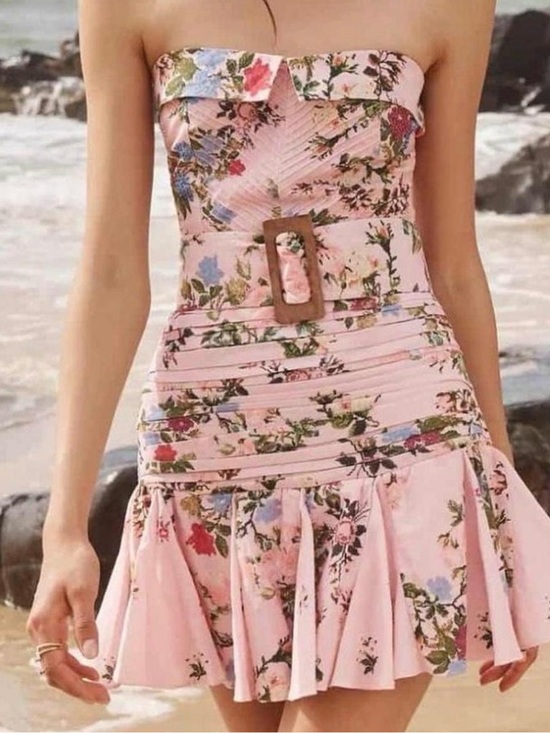 HEMANT & NANDITA Dresses & Skirts - HEMANT & NANDITA Pink Floral Strapless Belted Mini Dress